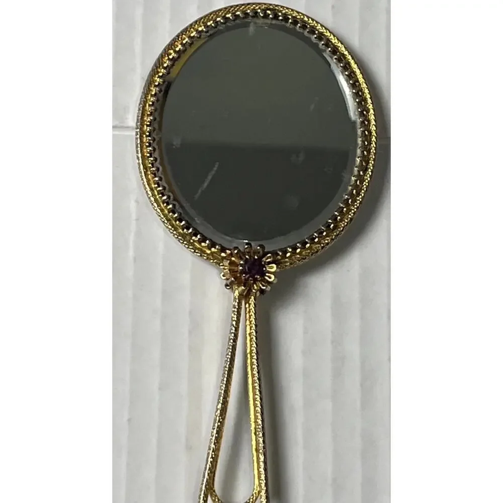 Vintage Hand Held Mirror Courting Couple Fragonard Limoges Mini Victorian & Ruby